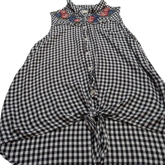 Como Blu Sleeveless Country L Sleeveless B&W checkered blouse flowers knot tie - Picture 1 of 14